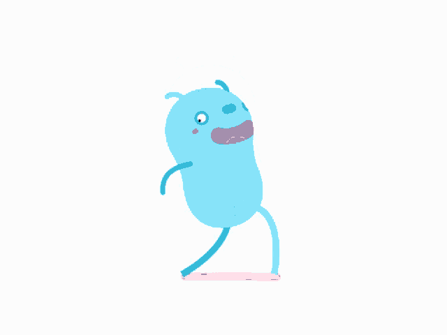 a blue cartoon character with a pink nose is standing on one leg