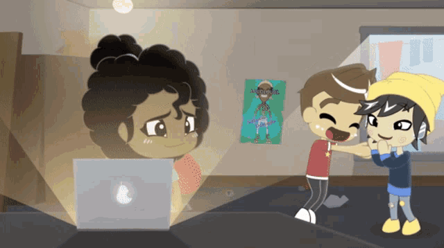a cartoon of a girl looking at a laptop with a poster on the wall that says ' i am a girl '