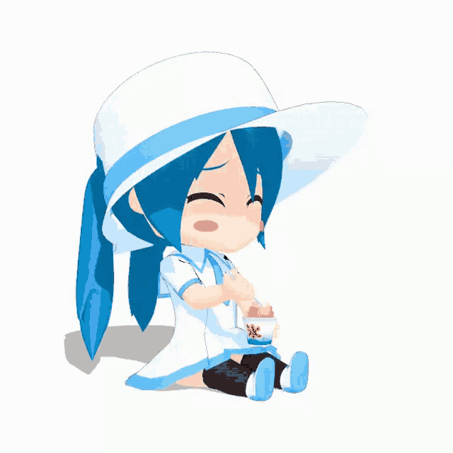 a girl with blue hair wearing a white hat is sitting down holding a cup of ice cream