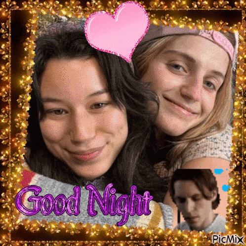 a picture of two girls and a man with the words good night