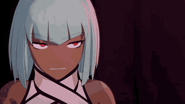 a cartoon character with white hair and red eyes looks angry