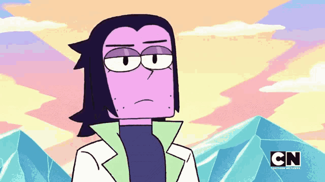 a cartoon character from cartoon network is standing in front of a mountain