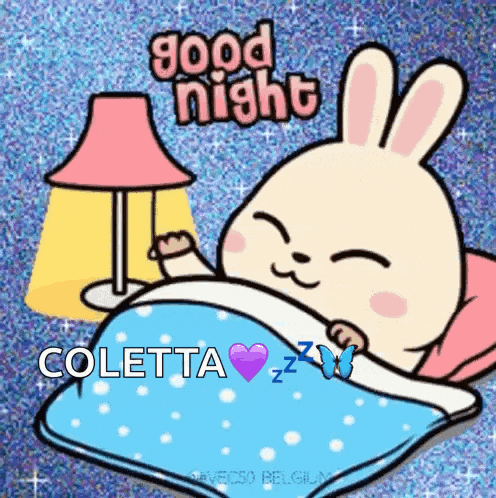 a cartoon rabbit is sleeping in a bed with the words good night coletta