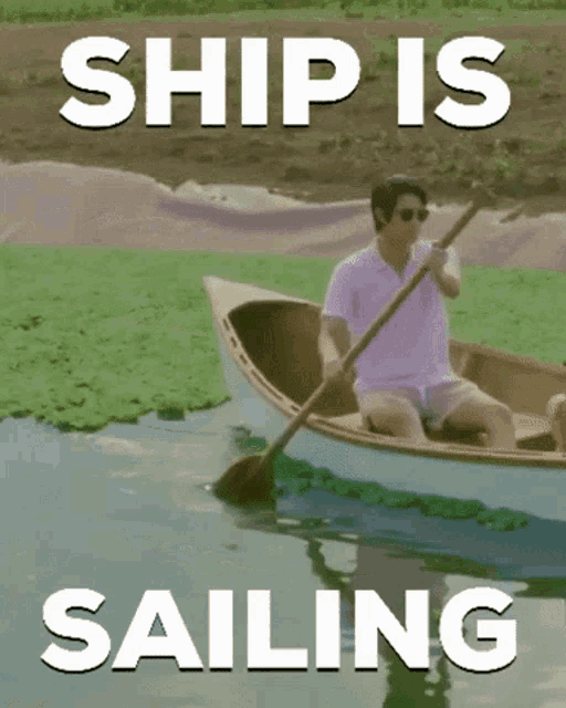a man in a boat with the words ship is sailing behind him