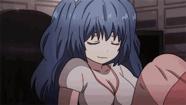 a girl with blue hair and a white shirt is sitting down with her eyes closed