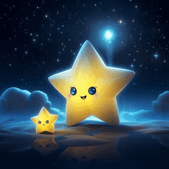 two cartoon stars with faces are sitting next to each other on a cloudy night sky .