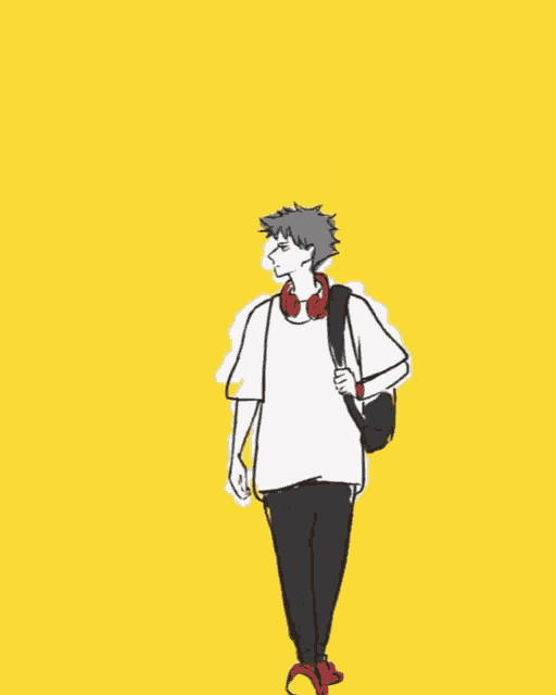 a drawing of a man wearing headphones and carrying a backpack