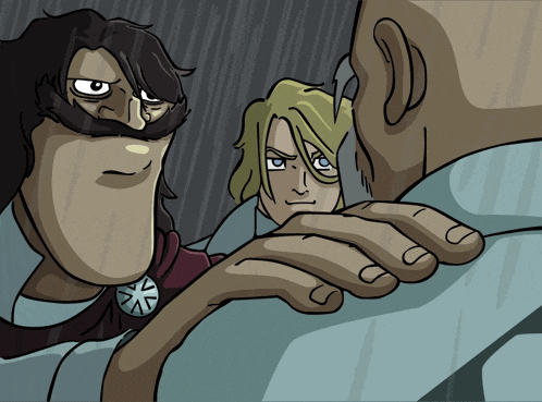 a cartoon drawing of a man with a mustache and a woman with blonde hair