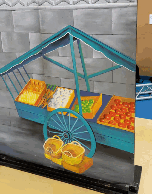 a painting of a cart with fruits and vegetables
