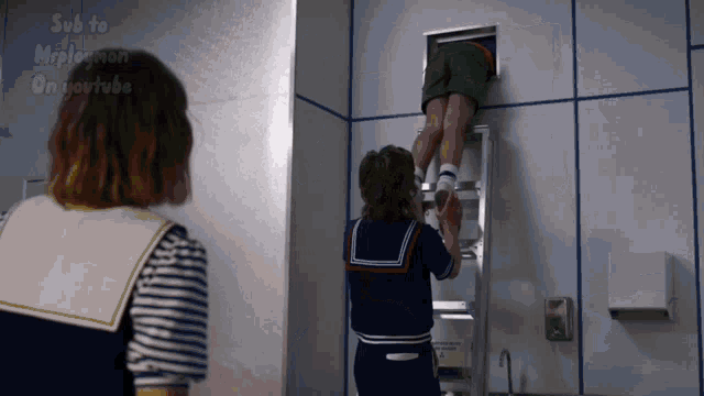a man climbs a ladder in a bathroom with the words sub to mr.plogman on youtube