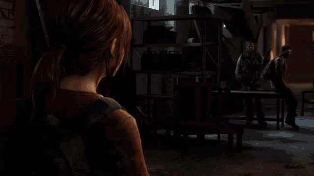 a screenshot of a video game shows a girl pointing at something