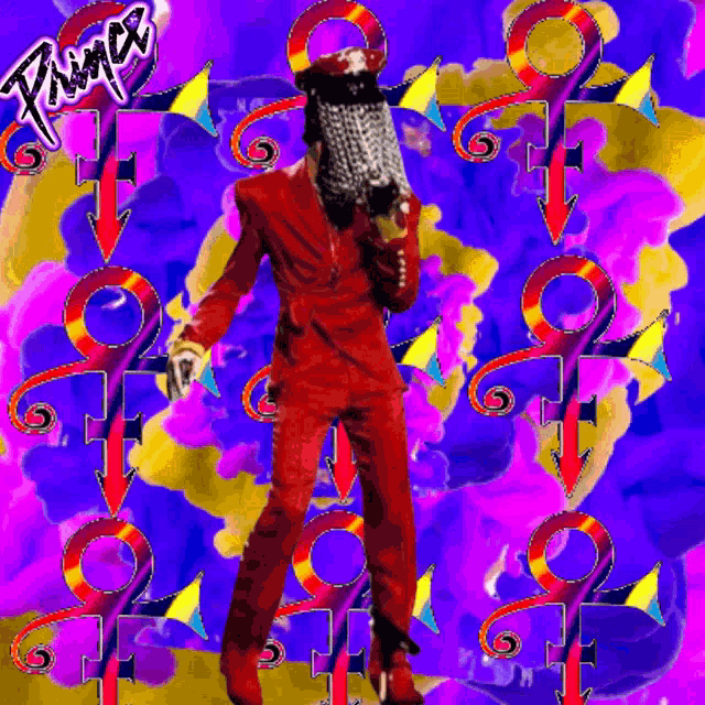a man in a red suit is standing in front of a purple background with the word prince written on it