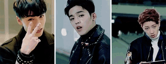 a collage of three photos of a young man in a leather jacket