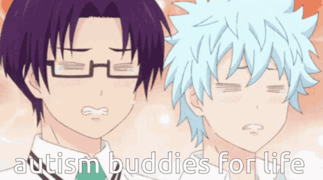 a couple of anime characters with the words autism buddies for life