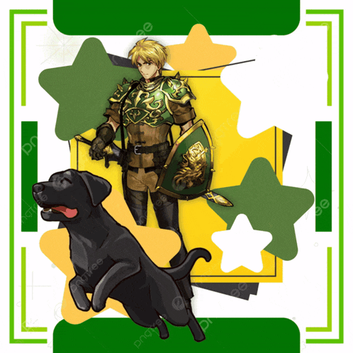 a man with a sword and shield stands next to a dog
