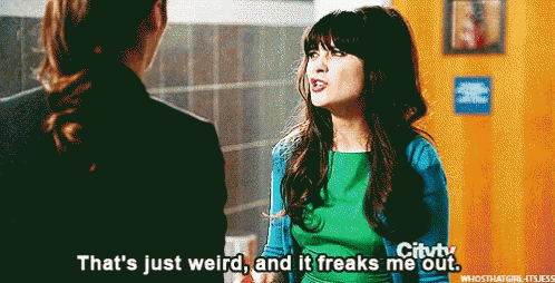 a woman talking to another woman with the words that 's just weird and it freaks me out below her