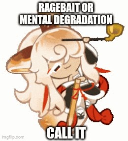 a cartoon of a sheep with the words `` ragebait or mental degradation call it '' on it .
