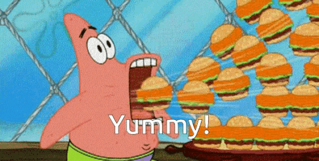 patrick star from spongebob squarepants is eating a bunch of hamburgers