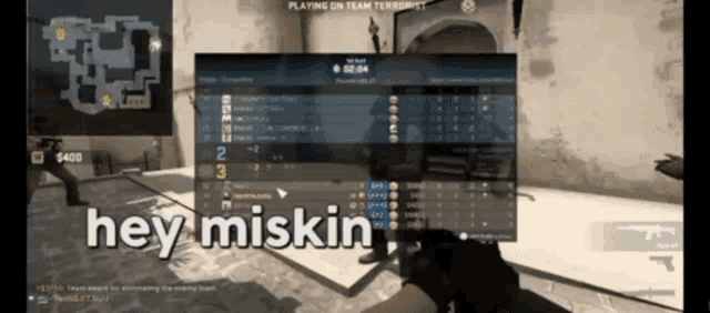 a screenshot of a video game with the words hey miskin on it