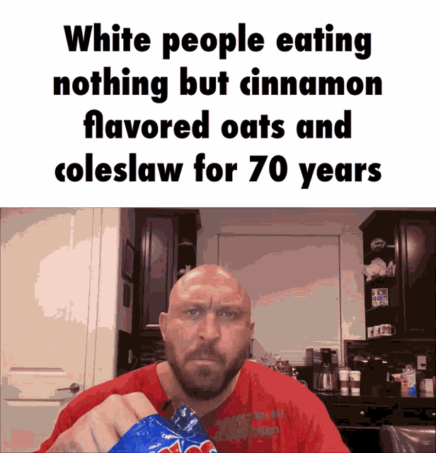 a bald man is holding a bag of cinnamon flavored oats in his hand