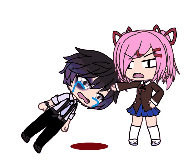a girl with pink hair is standing next to a boy with black hair
