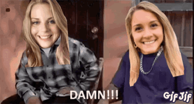 a gif of a woman with the words damn written on it