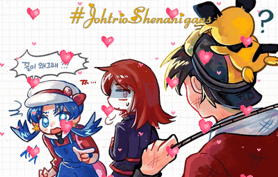 a drawing of a boy and two girls with hearts around them and the words #johtrioshenahigans
