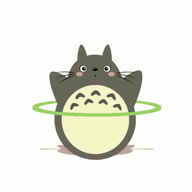 a cartoon illustration of a totoro playing with a green hula hoop