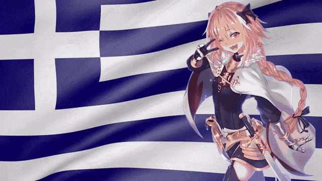 a girl with pink hair is standing in front of a flag