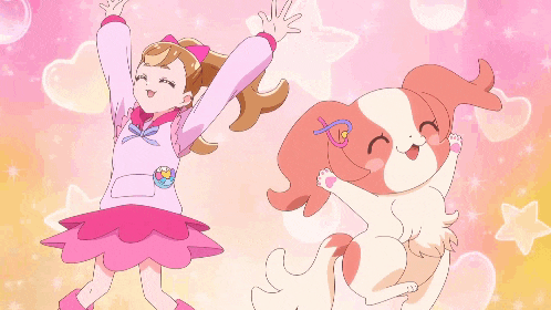 a girl in a pink dress is jumping next to a dog