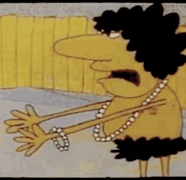 a cartoon character is wearing a pearl necklace and has a yellow fence in the background