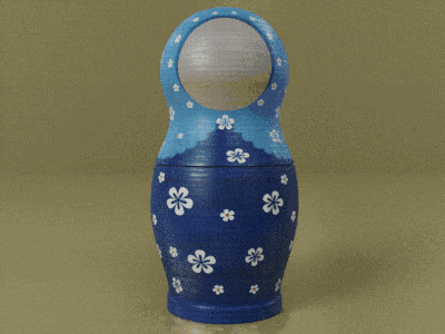 a blue green and orange russian nesting doll with white flowers on it