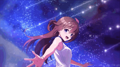 a girl in a white dress is reaching out towards a starry sky