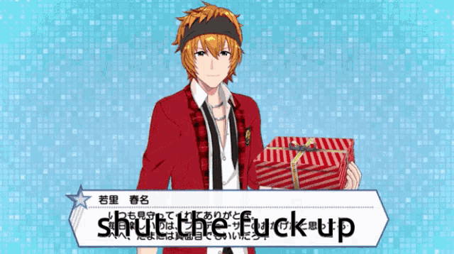 a man in a red jacket is holding a gift box and the words shut the fuck up are above him