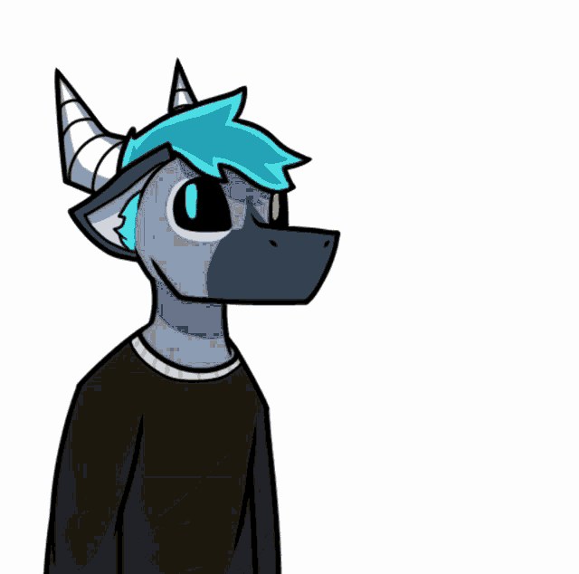 a drawing of a cartoon character with horns and blue hair