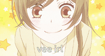a close up of a girl with the words vee irl on the bottom right