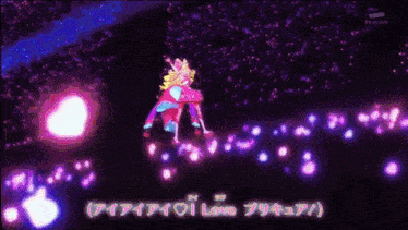 a girl with blonde hair and blue eyes is dancing in front of a tv screen that says tv asahi on it