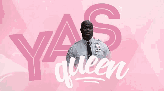 a man in a police uniform is standing in front of a pink background that says ya 's queen .