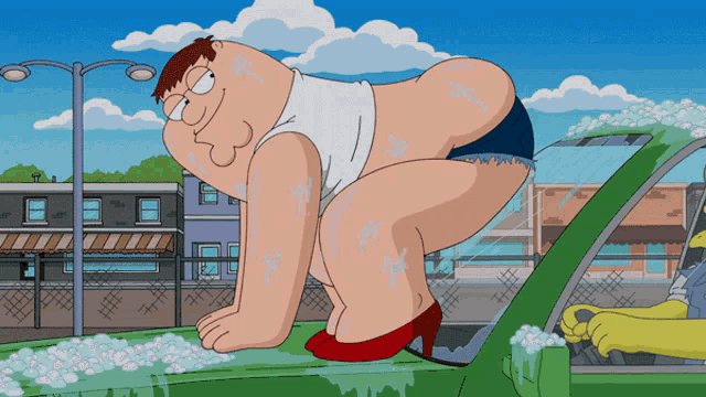a cartoon of peter griffin standing on top of a car