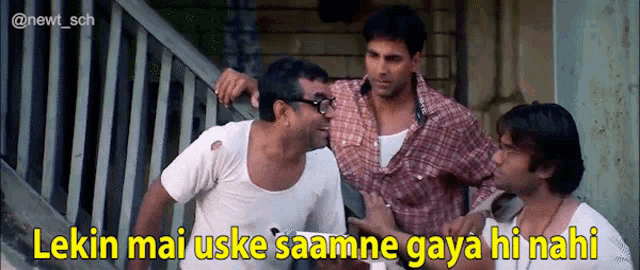 a group of men standing next to each other with the caption " lekin mai uske saanne gaya hi nahi "