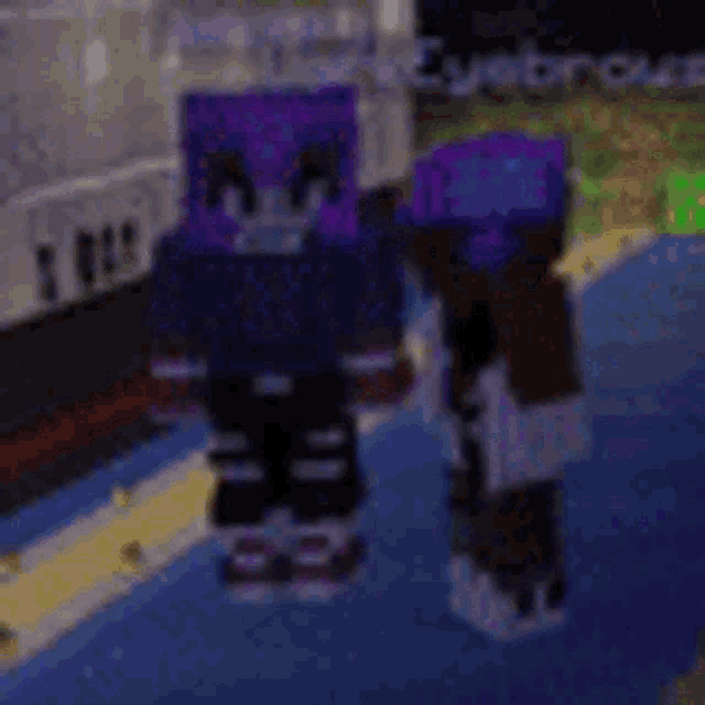 a couple of minecraft characters standing next to each other .
