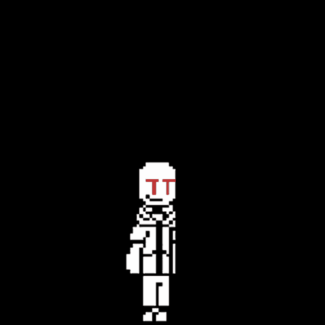 a pixel art of a skeleton with a red t on his face and a scarf around his neck .