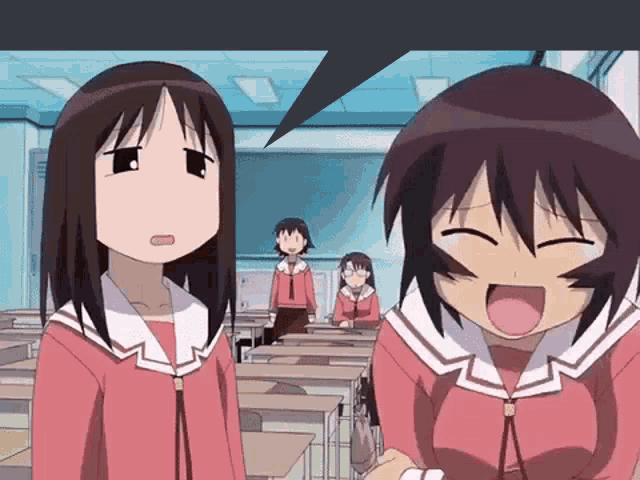 a group of anime girls are standing in a classroom and one of them is laughing