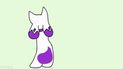 a cartoon drawing of a white cat with a purple tail