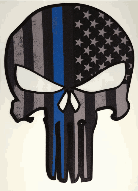 a punisher skull with a blue stripe in the middle