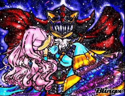 a drawing of a girl kissing a knight with the word blingee on the bottom