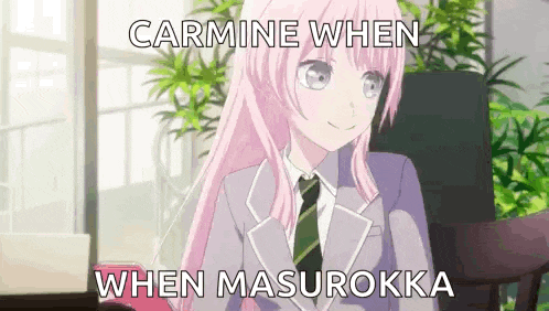 a pink haired anime girl in a suit and tie is sitting at a table with a meme .