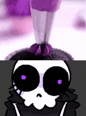 a pixel art of a skeleton with purple eyes and a cupcake with purple frosting