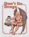 a man with wings is sitting on a rock next to a woman and a sign that says don 't do drugs .