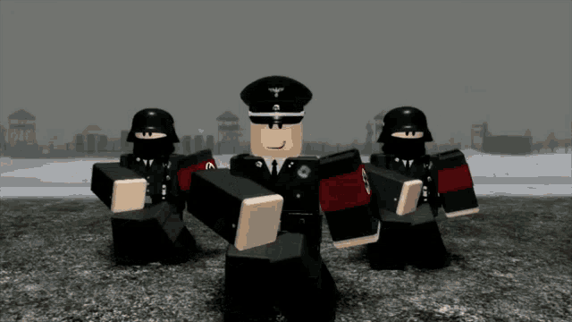 a group of soldiers are standing in a line with their arms outstretched and one has a red wristband